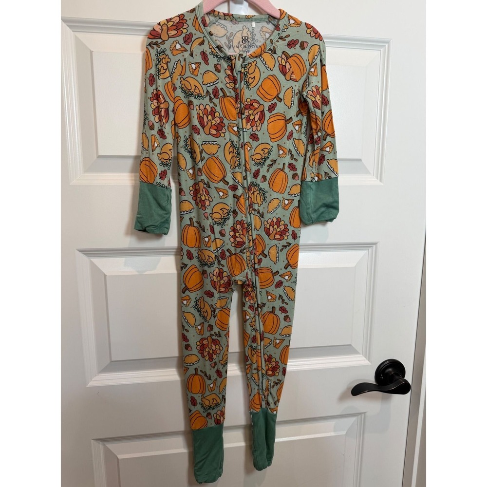 46. Bums & Roses 2T Bamboo Thanksgiving Pumpkin Turkey Pie Zippy Footie Sleeper